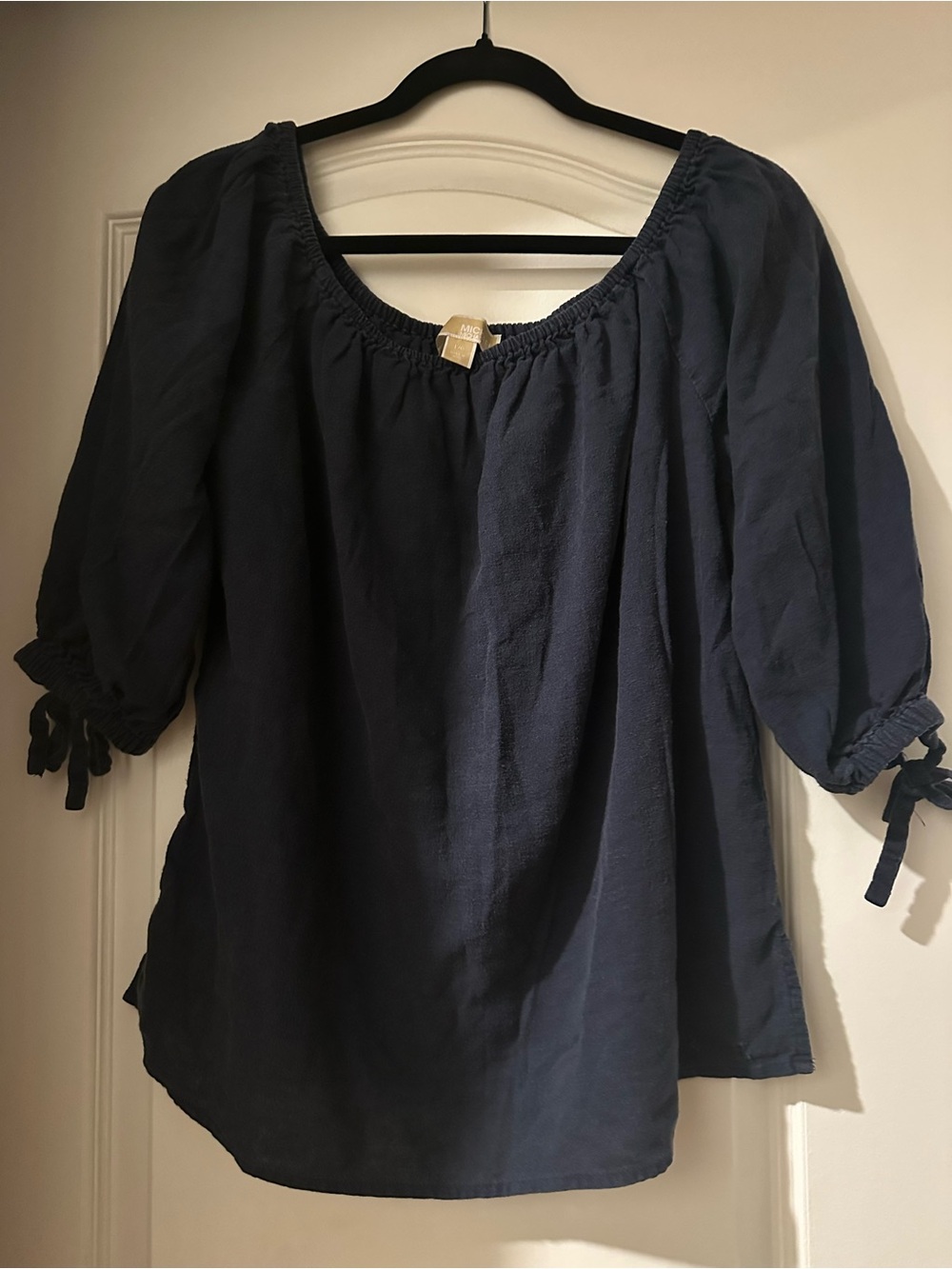 Michael Kors Navy Peasant Blouse with Tie Sleeves Size L